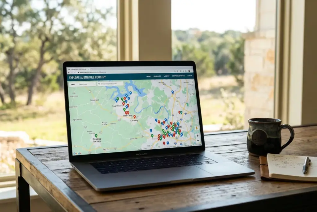 Laptop screen displaying a map of Austin Texas with hundreds of location pins representing hyperlocal real estate SEO pages across Hill Country neighborhoods