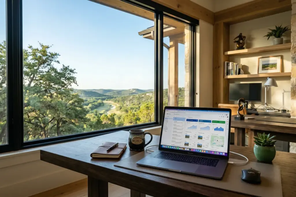 Laptop on desk showing automated email notifications and real estate data dashboard with Texas Hill Country landscape visible through window at golden hour
