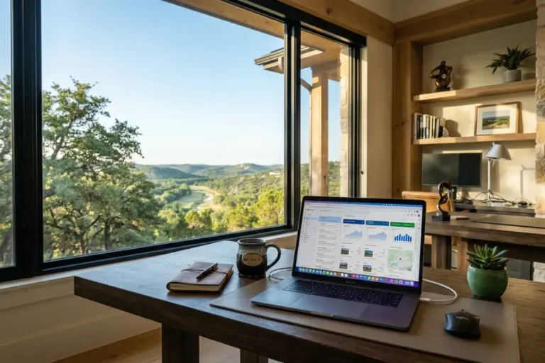 Laptop on desk showing automated email notifications and real estate data dashboard with Texas Hill Country landscape visible through window at golden hour