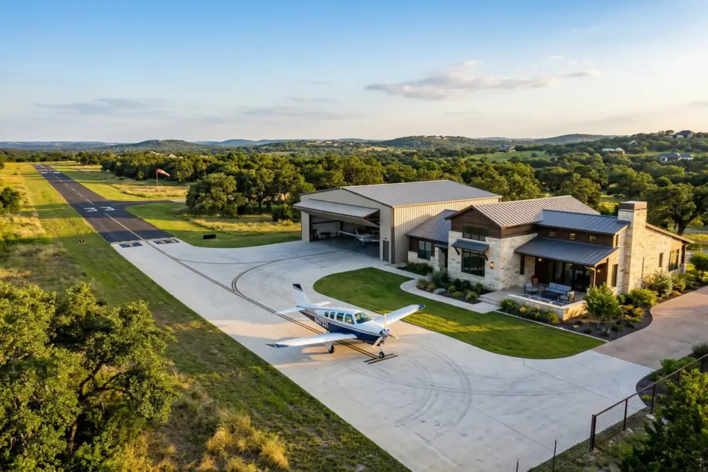 Private hangar home with single engine aircraft parked on taxiway at a residential airpark in the Texas Hill Country at golden hour