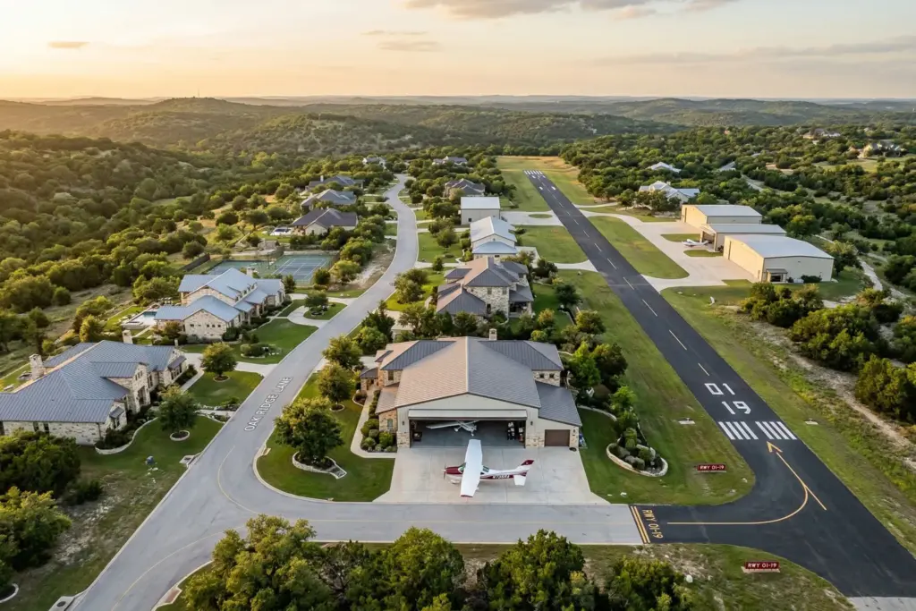 Aerial view of a residential airpark in the Texas Hill Country showing homes with attached hangars along taxiways and a paved runway at golden hour