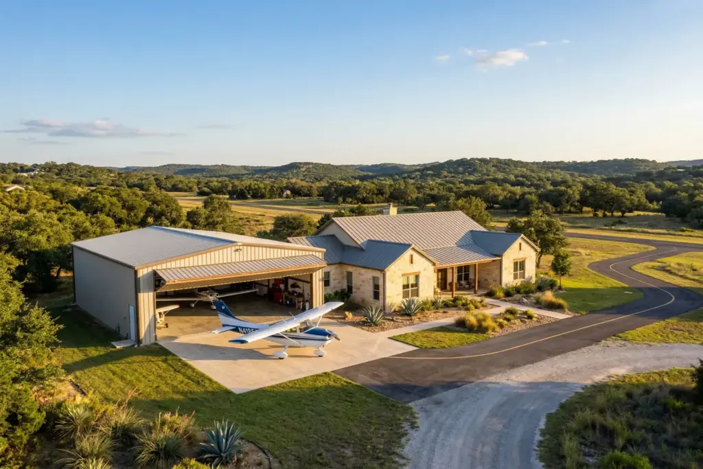 Residential airpark home with limestone exterior and attached airplane hangar in the Texas Hill Country at golden hour