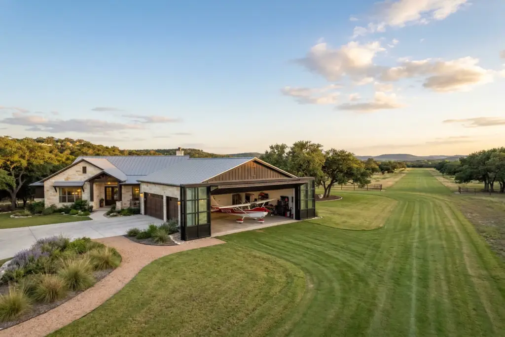Airpark home with attached hangar and single engine aircraft visible on grass taxiway in the Texas Hill Country near Austin