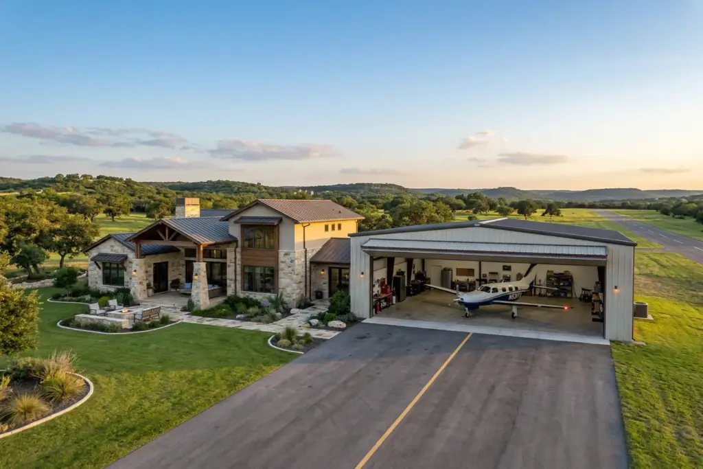 Luxury airpark home with open hangar showing single-engine airplane and taxiway to private runway in the Texas Hill Country at golden hour