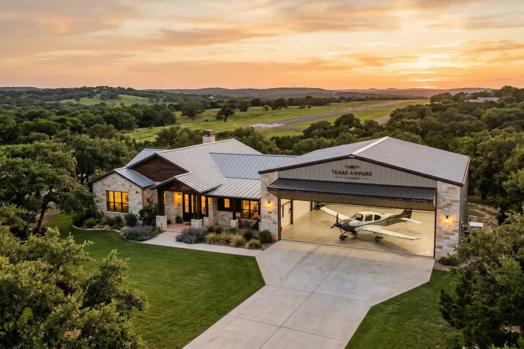 Hangar home with attached aircraft hangar and taxiway access at a residential airpark in the Texas Hill Country near Austin
