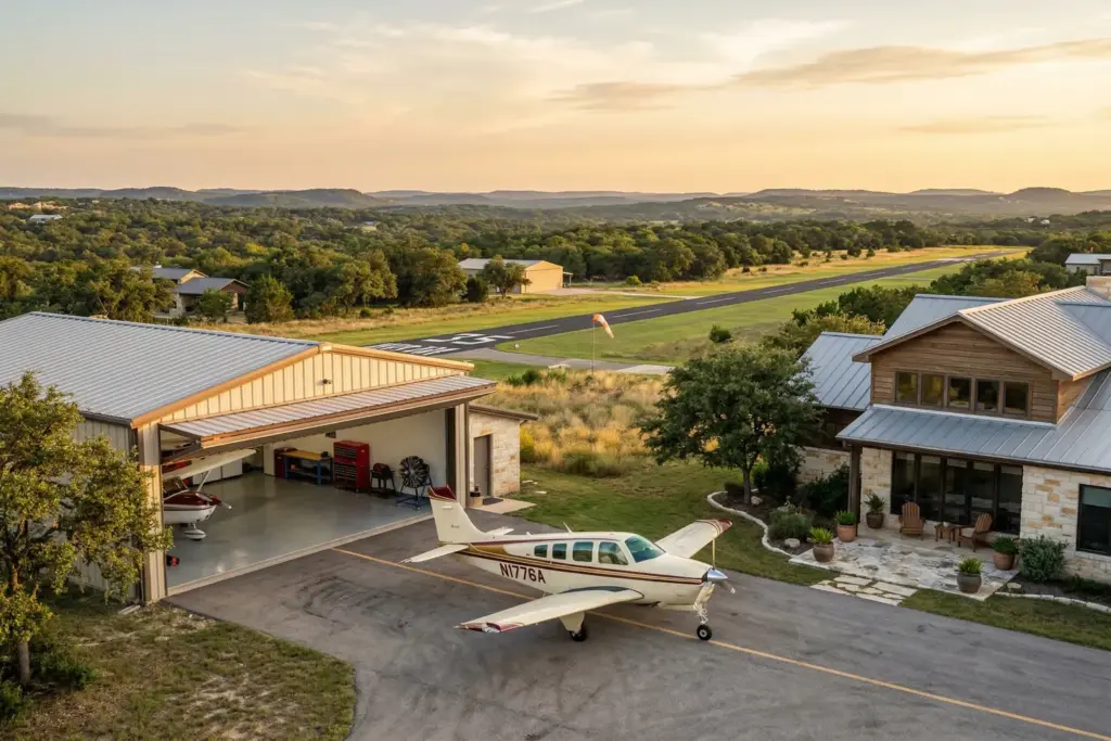 Single-engine airplane parked in front of open hangar door attached to ranch-style home on residential airpark with Texas Hill Country landscape at golden hour