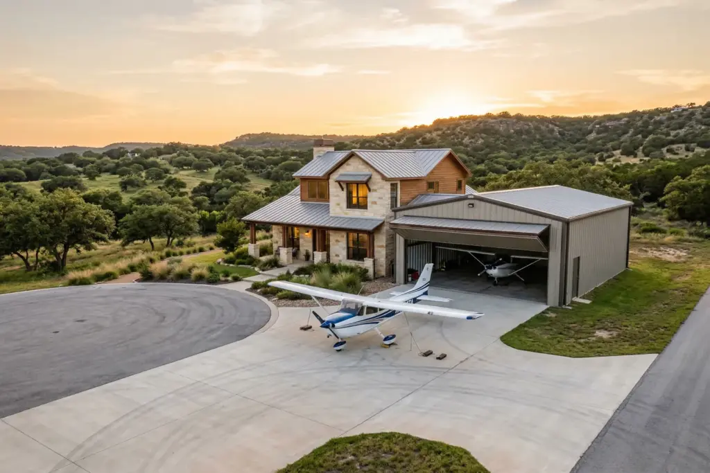 Single engine airplane parked on taxiway next to attached hangar at a residential airpark home in the Texas Hill Country at golden hour