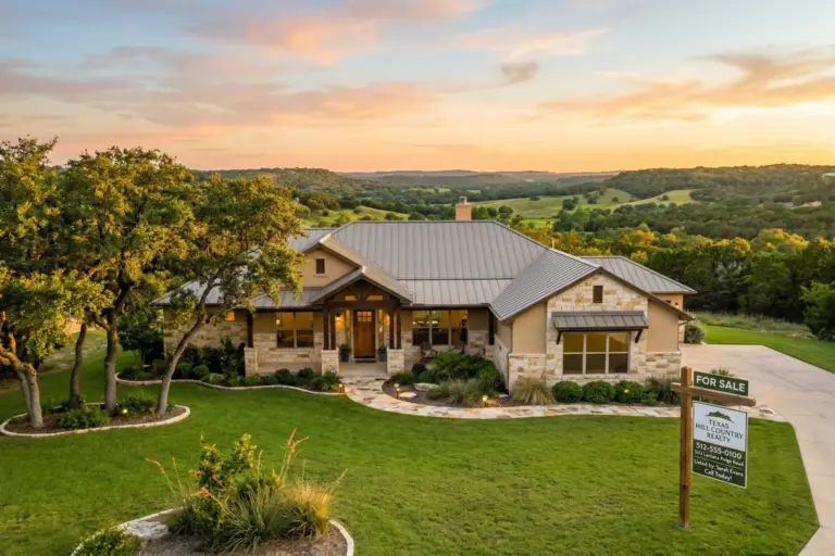 Suburban ranch-style home with stone exterior and live oak trees in the Texas Hill Country at golden hour representing assumable mortgage opportunities in Austin Texas