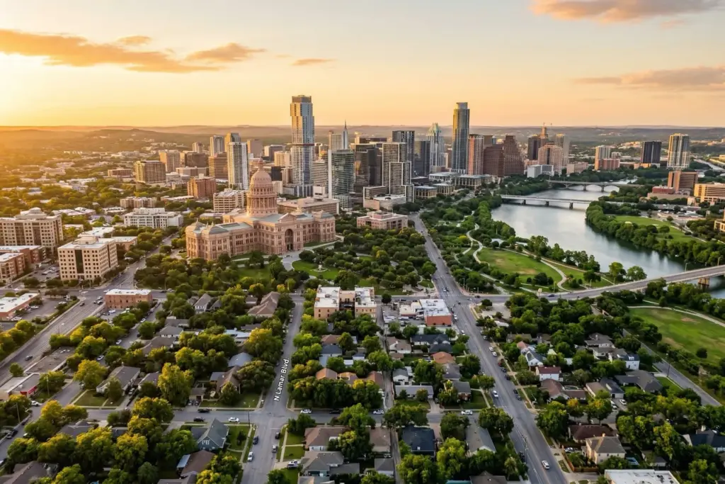 Aerial view of Austin Texas skyline at golden hour for February 2026 market update