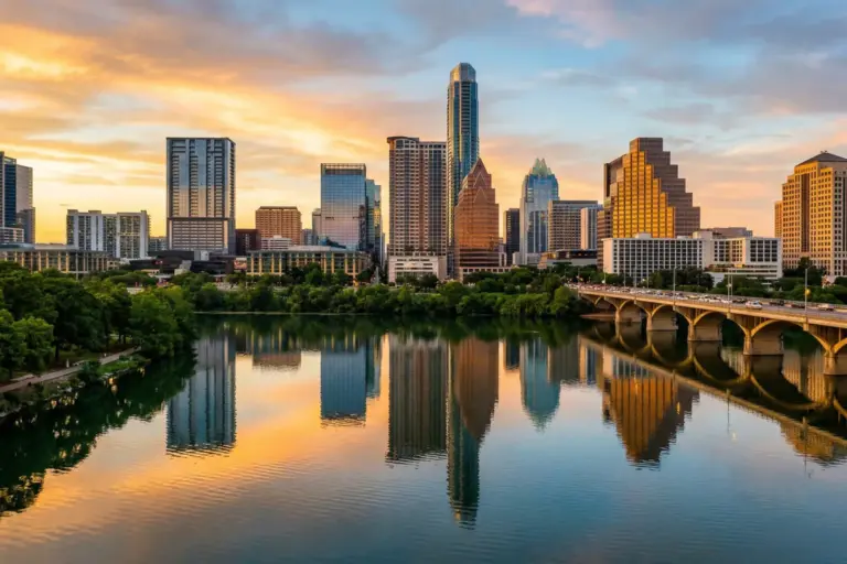 Downtown Austin Texas skyline with modern high-rise condo towers reflected in Lady Bird Lake at sunset