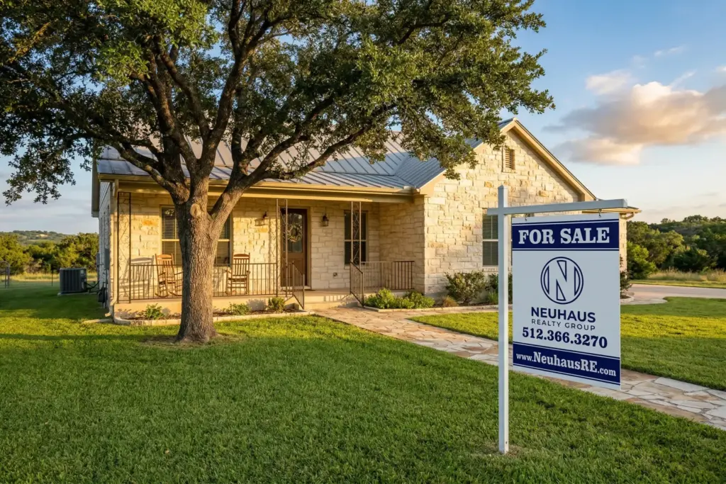 Limestone Hill Country home in Austin Texas with Neuhaus Realty Group for sale yard sign at golden hour