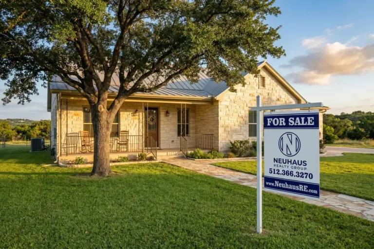 Limestone Hill Country home in Austin Texas with Neuhaus Realty Group for sale yard sign at golden hour