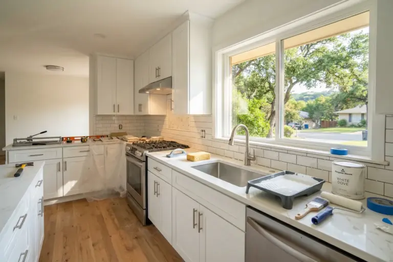 Bright modern kitchen renovation in an Austin Texas home with white painted cabinets new hardware and quartz countertops