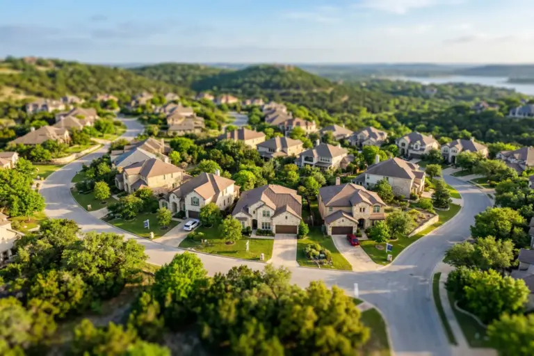Tilt-shift aerial photograph of an Austin Texas Hill Country neighborhood showing residential homes with for sale signs in spring