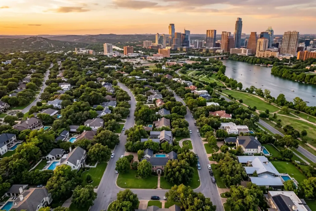 Austin Texas Tarrytown neighborhood aerial view with downtown skyline and mature trees at sunset