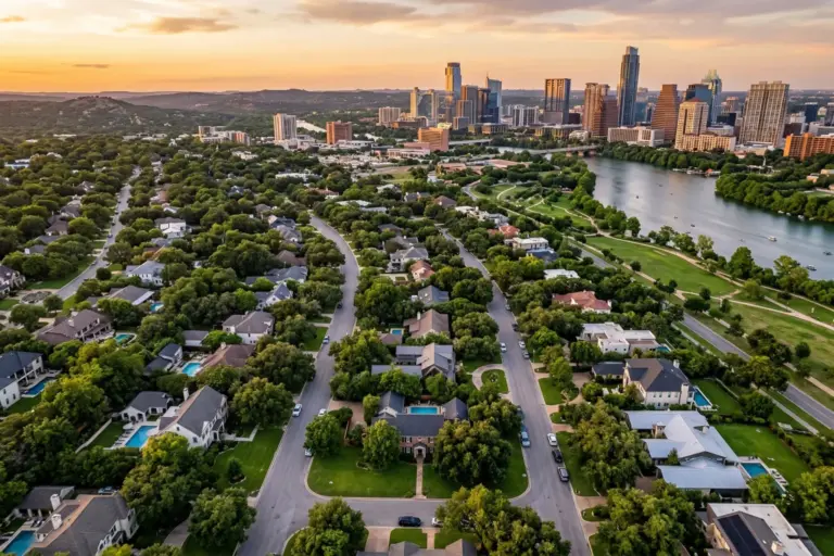 Austin Texas Tarrytown neighborhood aerial view with downtown skyline and mature trees at sunset
