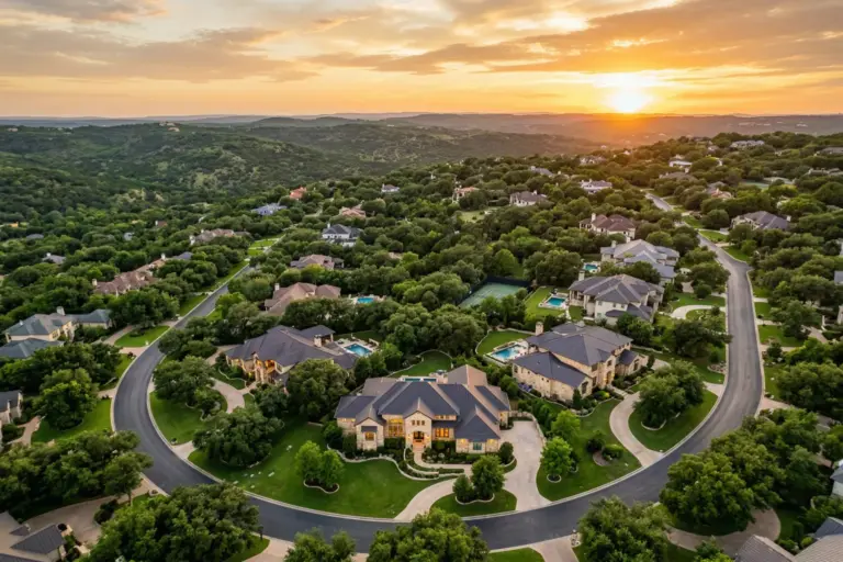 Aerial view of luxury homes with mature live oak trees in Westlake Hills Austin Texas at golden hour