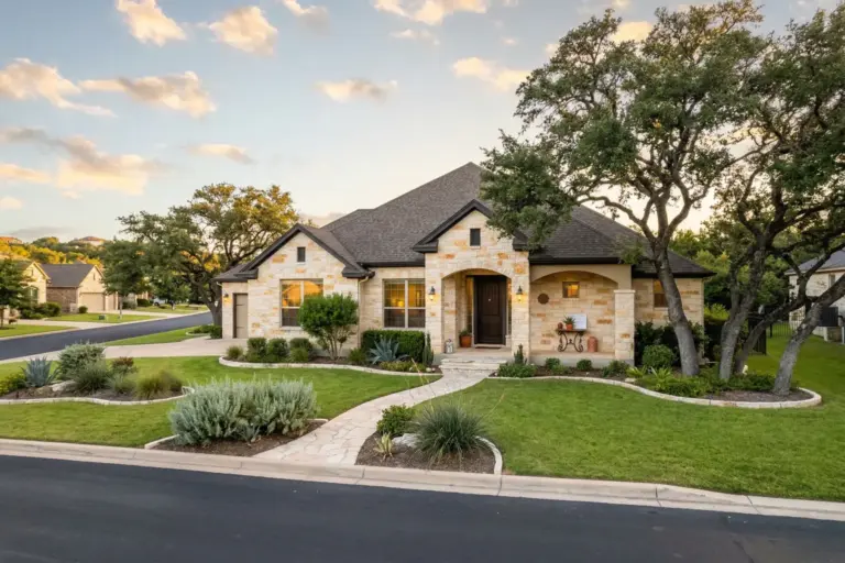 Limestone home with live oak trees in Bee Cave Texas Hill Country at golden hour illustrating Austin property tax guide