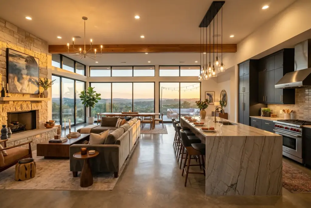 Luxury short-term rental interior featuring open floor plan with modern kitchen island and Hill Country sunset views in Austin Texas