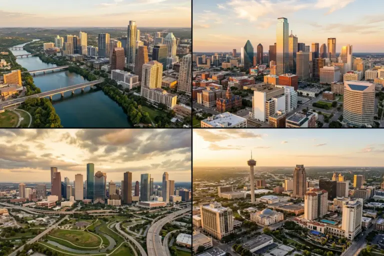 Aerial comparison of four major Texas city skylines showing Austin, Dallas, Houston, and San Antonio at golden hour