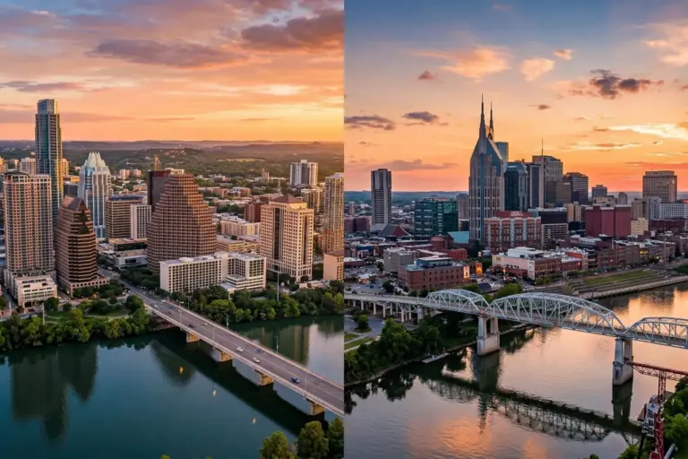 Split view comparing Austin Texas downtown skyline with Congress Avenue Bridge and Nashville Tennessee skyline with the Batman Building at sunset