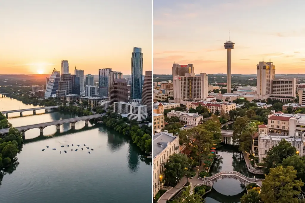 Split view comparing Austin Texas modern skyline with San Antonio Texas historic skyline