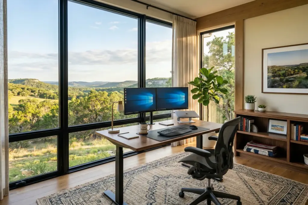 Modern home office with dual monitors and standing desk overlooking Hill Country live oak trees and rolling hills in Bee Cave Texas