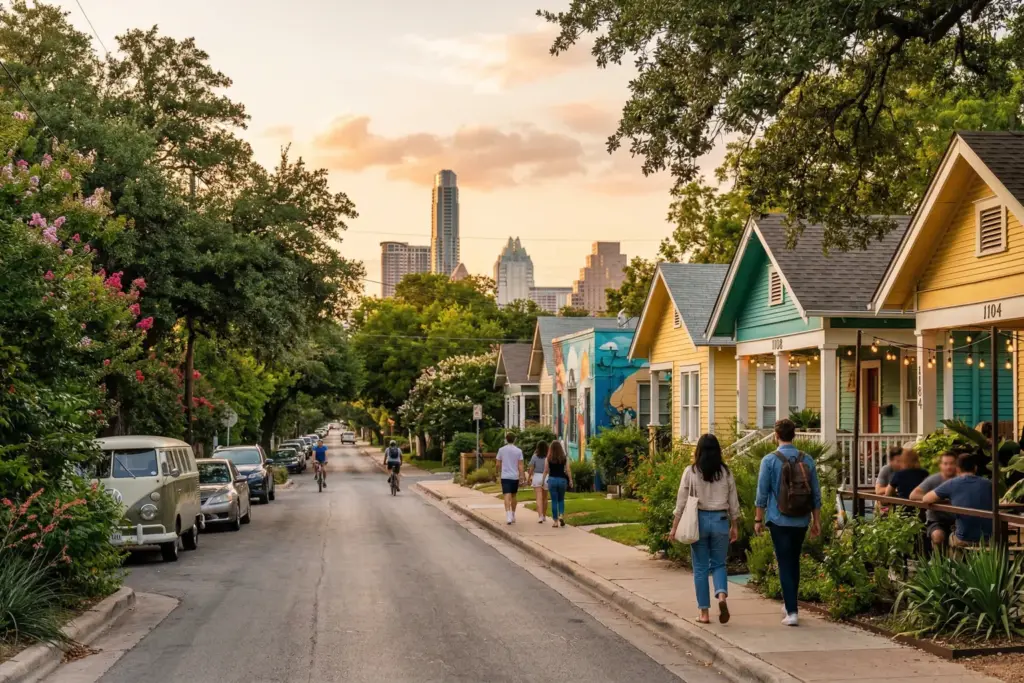 Vibrant East Austin residential street with colorful homes live oak trees and Austin skyline at golden hour showing walkable neighborhood for young professionals