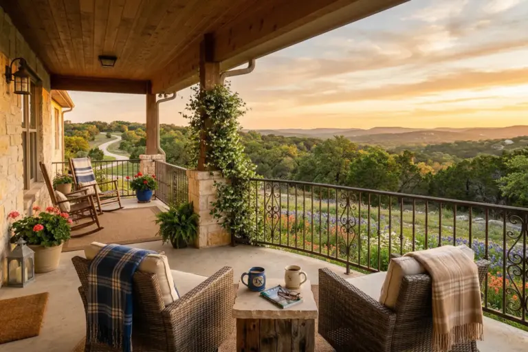 Covered patio with coffee overlooking rolling Texas Hill Country landscape at golden hour representing peaceful retirement living near Austin