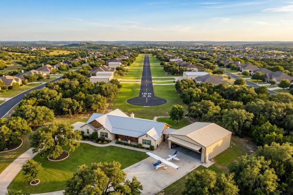 Aerial view of a residential airpark in Cedar Park Texas with a small plane near a hangar home and paved runway