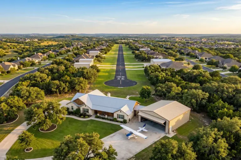 Aerial view of a residential airpark in Cedar Park Texas with a small plane near a hangar home and paved runway
