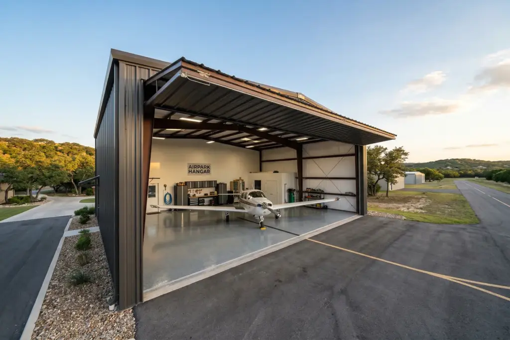 Modern aircraft hangar with bi-fold door open showing airplane parked inside on epoxied floor at residential airpark in Texas Hill Country