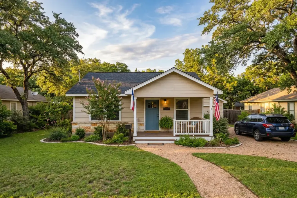 Modest single-story home with green lawn and oak trees in Bastrop Texas representing attainable homeownership
