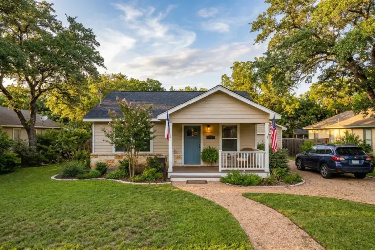 Modest single-story home with green lawn and oak trees in Bastrop Texas representing attainable homeownership
