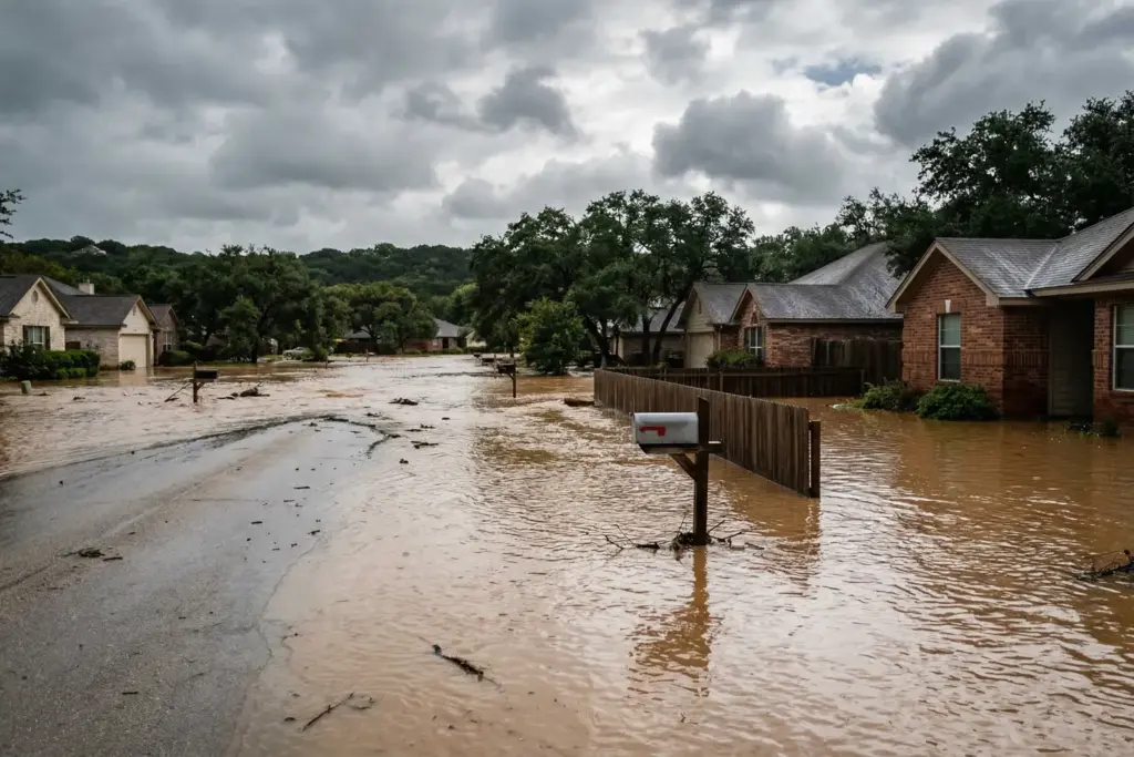 Flooded residential street in Austin Texas showing creek water covering a neighborhood road with live oak trees and Hill Country landscape