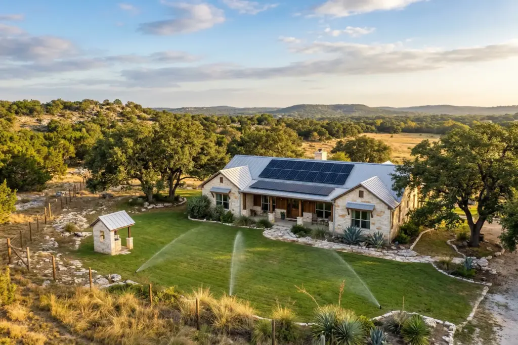Ranch style Texas Hill Country home with solar panels on the roof well pump house and aerobic septic spray heads in the yard near Dripping Springs