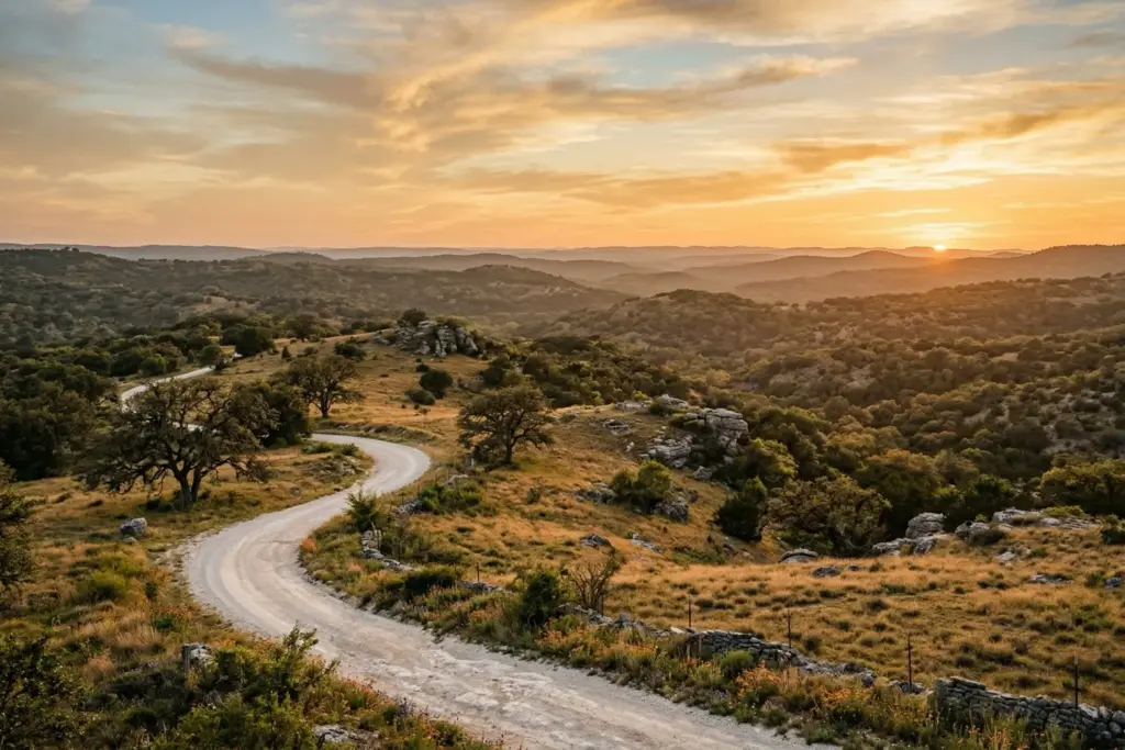 Rolling Texas Hill Country landscape at golden hour with limestone outcroppings, live oak trees, and a caliche ranch road