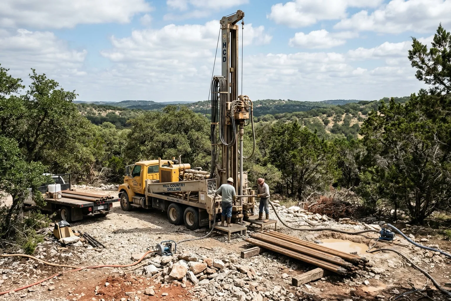 Water well drilling rig on raw Hill Country land with exposed limestone rock and native cedar trees
