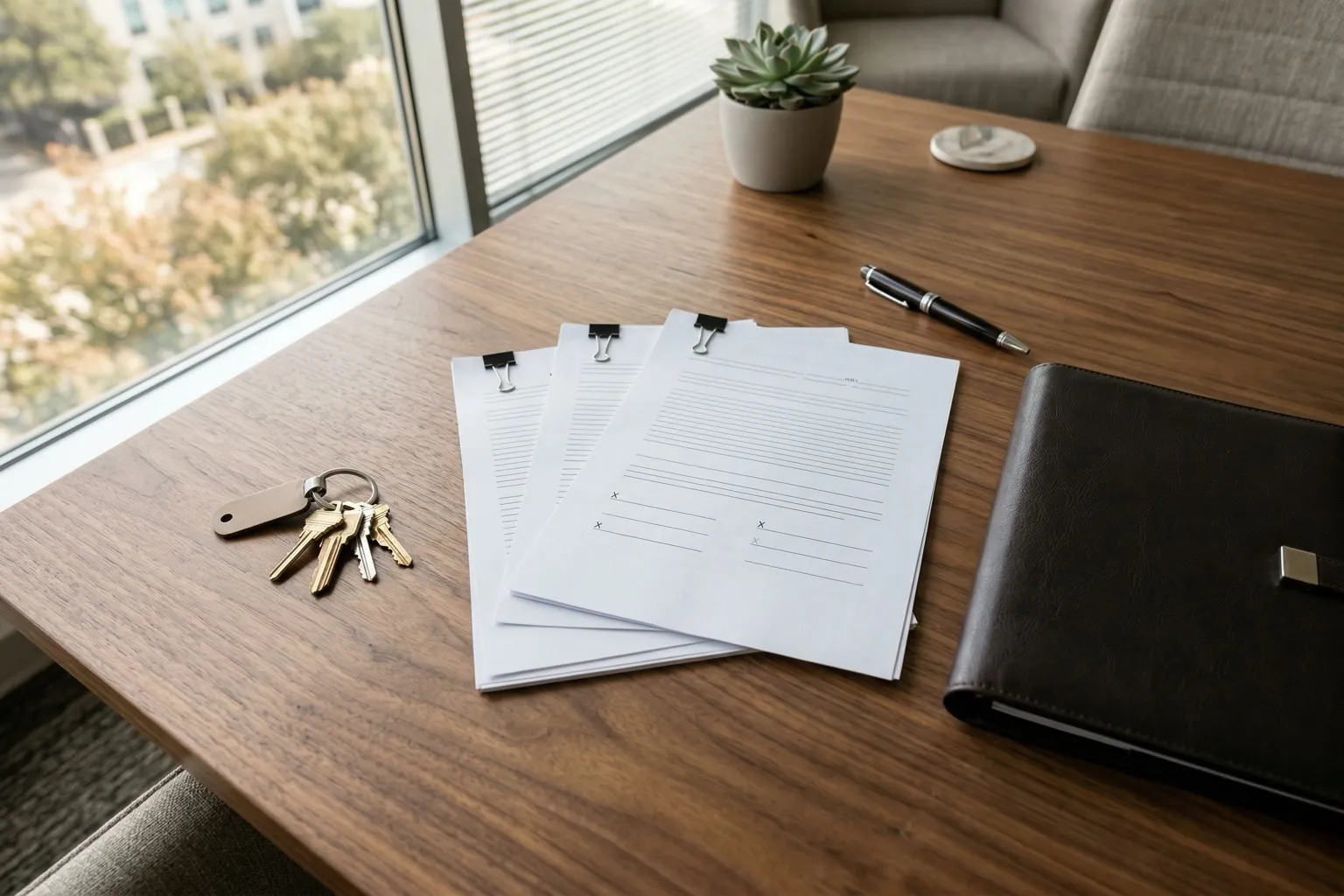 Overhead view of real estate closing documents house keys and pen on a wood conference table at a Texas title company
