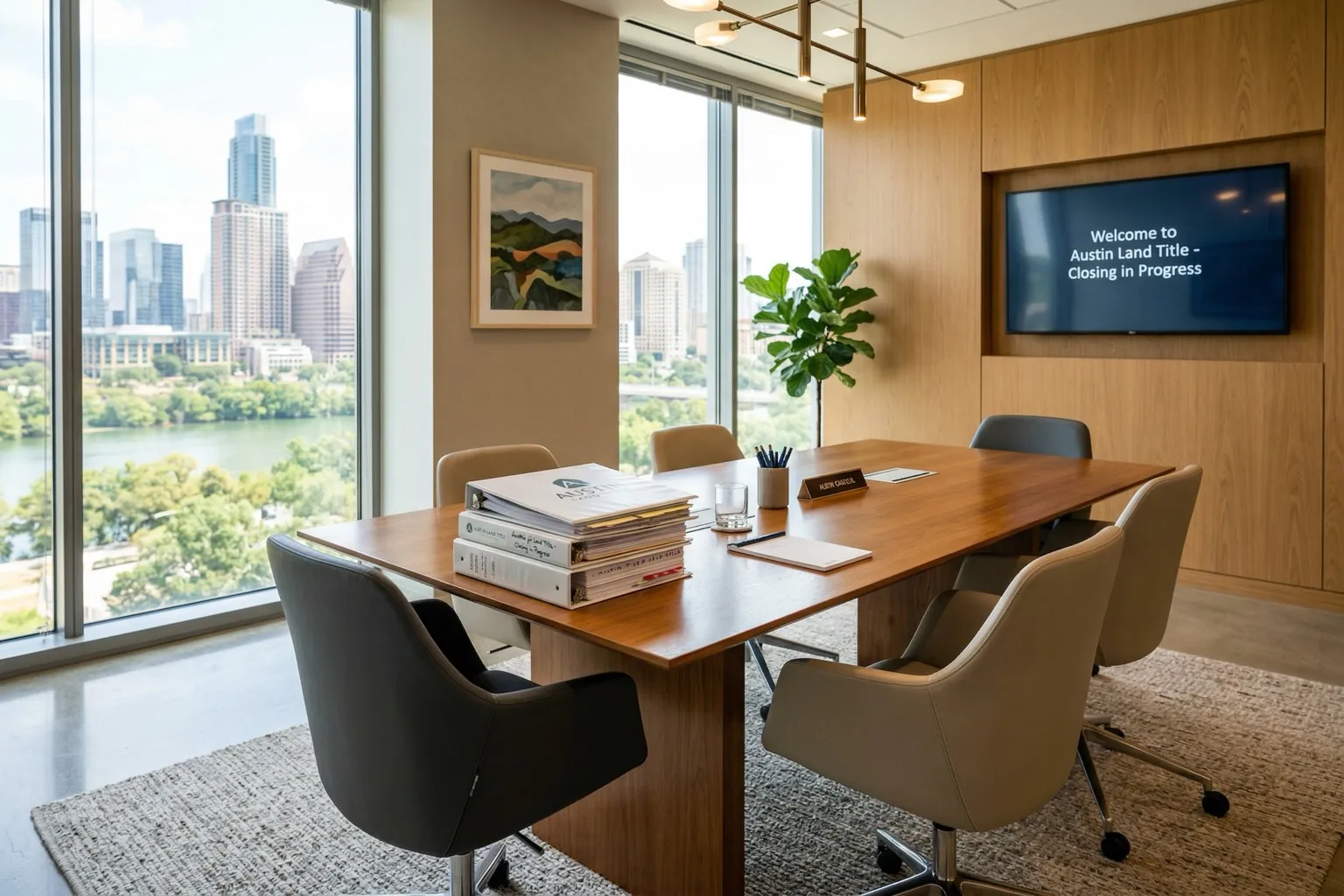Bright modern title company closing room with real estate documents on conference table in Austin Texas