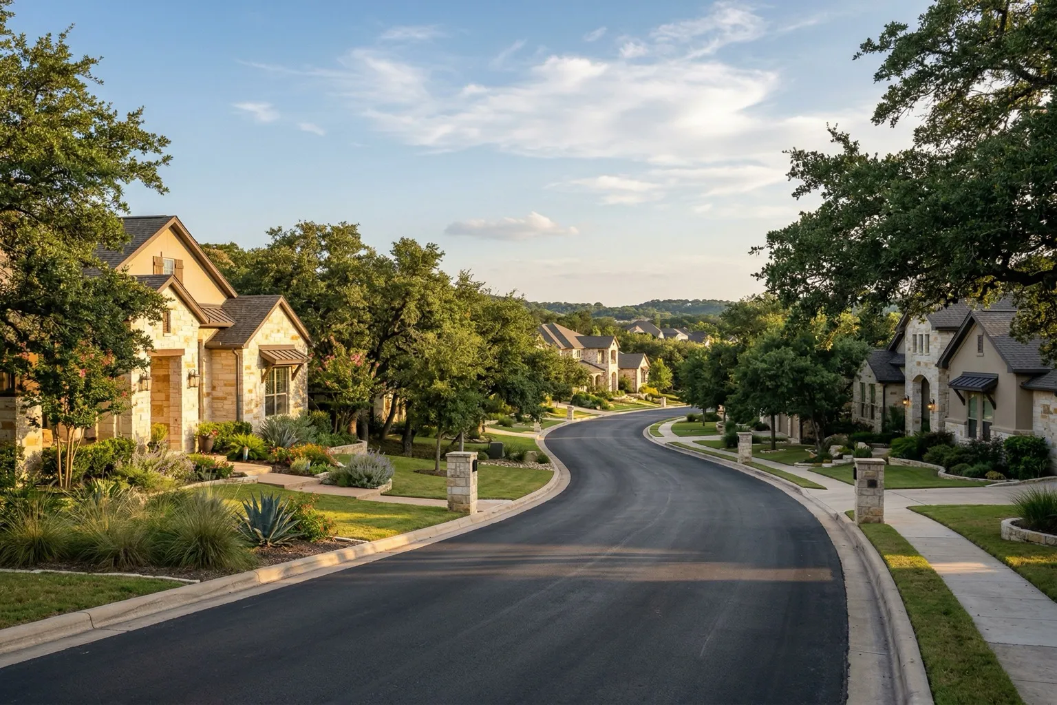 Beautiful residential street in the Texas Hill Country near Lakeway with limestone homes and mature live oak trees at golden hour