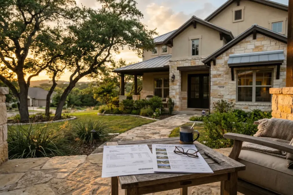 Suburban Texas home in the Hill Country with property tax notice and comparable sales documents on a front porch table at golden hour