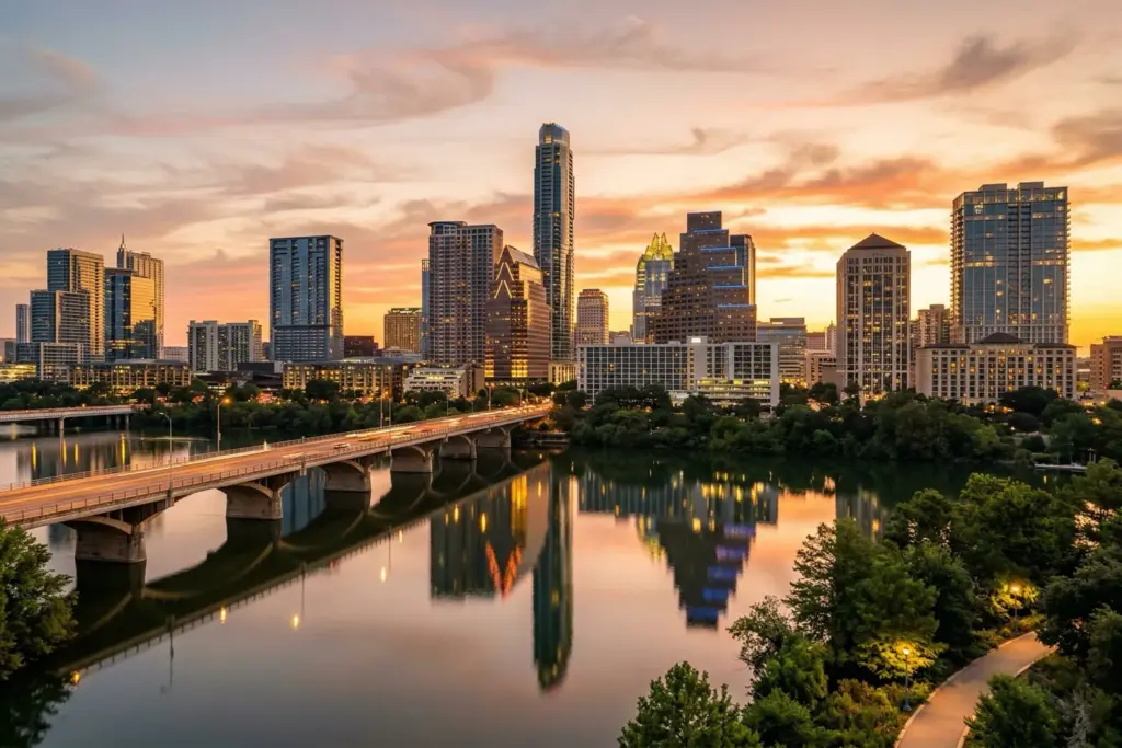 Aerial view of downtown Austin Texas condo high-rise buildings at golden hour with Lady Bird Lake reflections