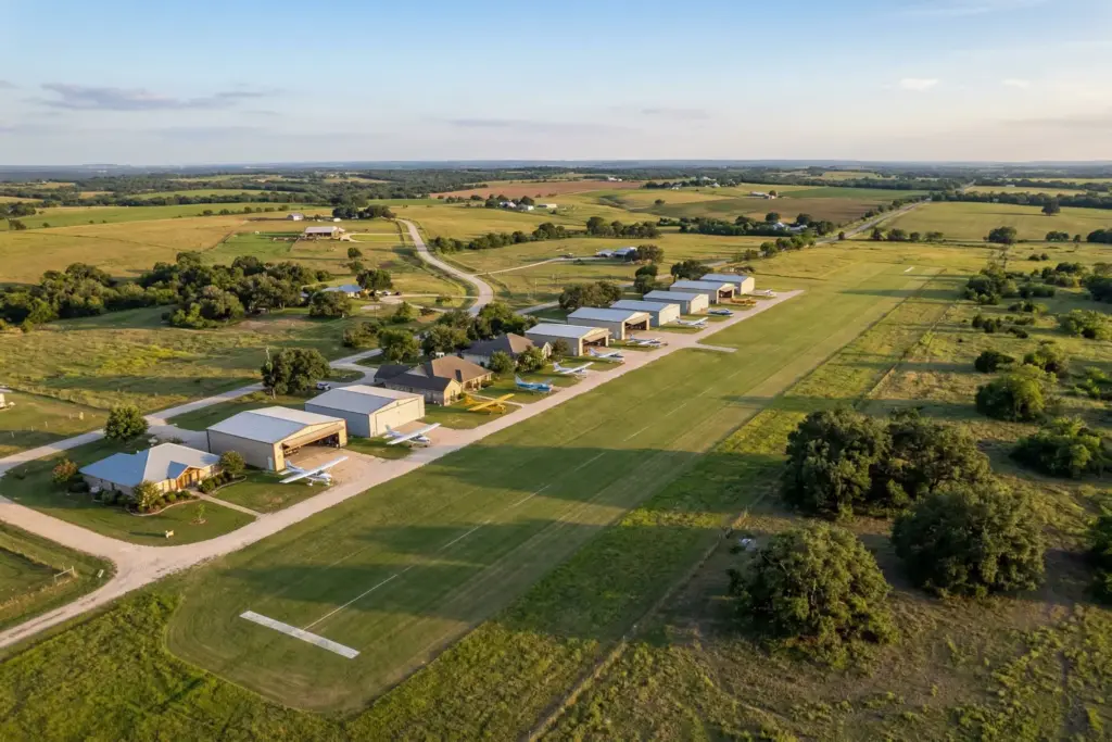 Aerial view of Cross Country Estates private turf runway and hangar homes in Georgetown Texas