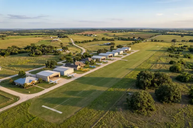 Aerial view of Cross Country Estates private turf runway and hangar homes in Georgetown Texas