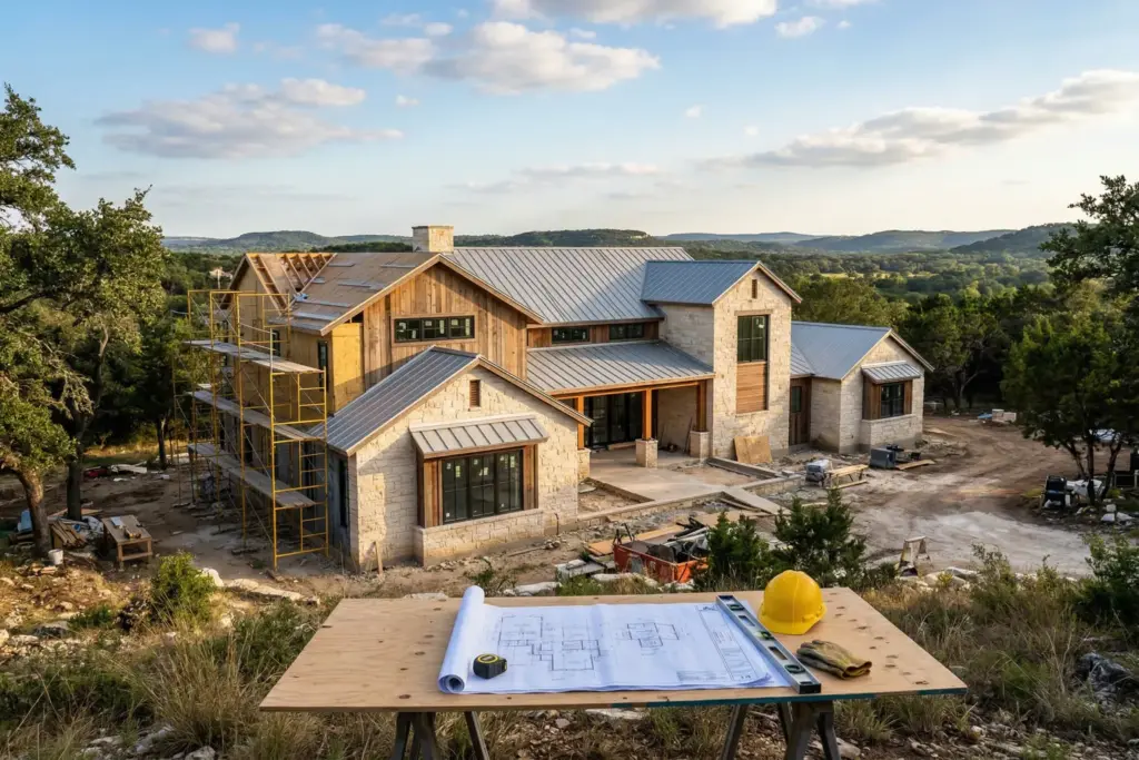 Custom Hill Country home under construction with limestone and cedar exterior, blueprints on work table, live oak trees, golden hour lighting