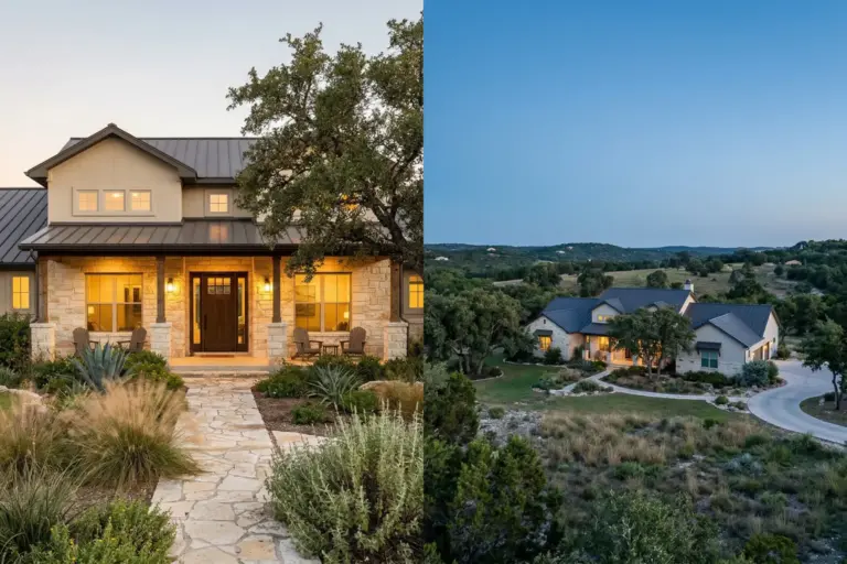 Hill Country style home in Texas with stone exterior and live oak trees at golden hour representing real estate decisions during divorce