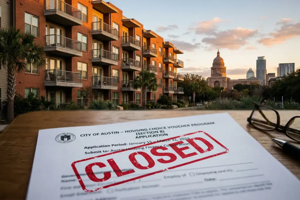 Apartment building in Austin Texas with housing assistance paperwork illustrating DOGE HUD budget cuts impact