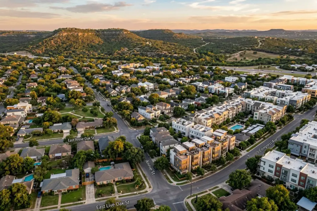 Aerial view of Austin Texas residential neighborhood with diverse housing styles and Hill Country landscape at golden hour