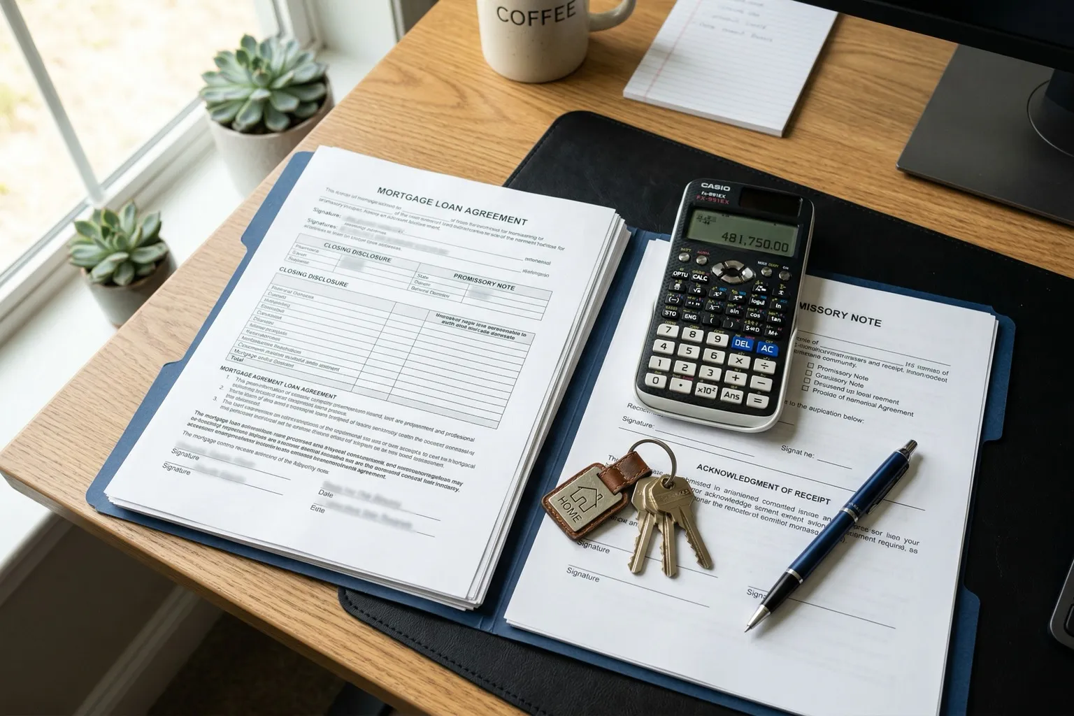 Overhead view of mortgage documents calculator and house keys on a desk representing down payment assistance application process